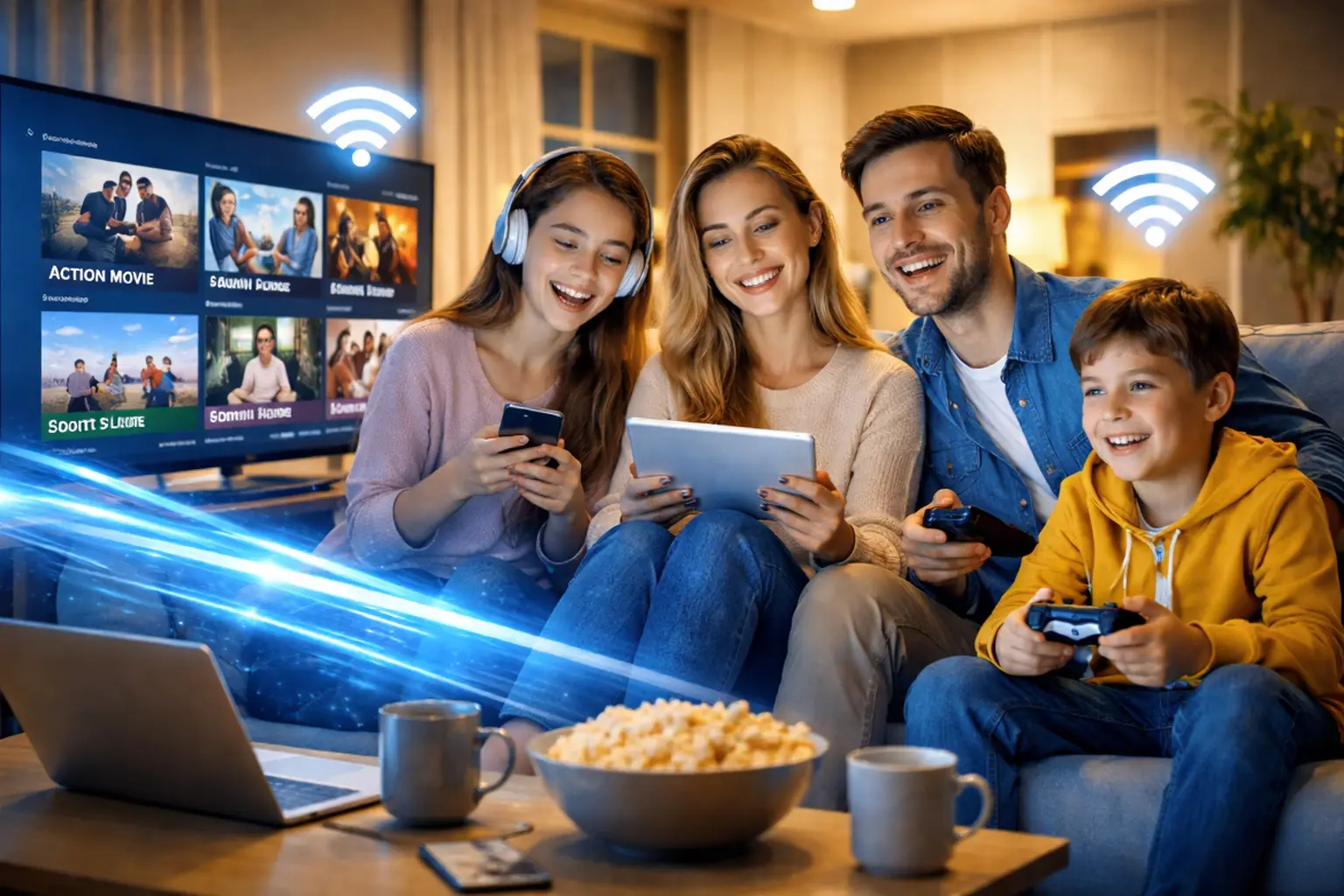 Familia reunida en la sala viendo TV